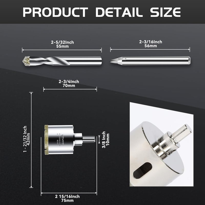 cenyb 1-21/32inch | 42mm Diamond Hole Saw with Center Drill bit and Diamond-Coated Center Drill bit for Ceramic Glass Marble Fiberglass Granite and Porcelain Tiles by - Image 2